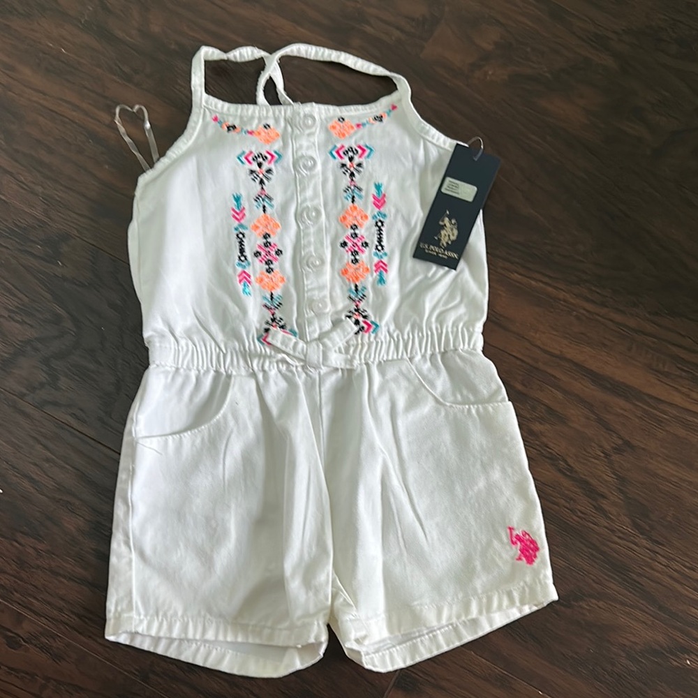 U.S. Polo Assn. White Romper with Colorful Embroidery